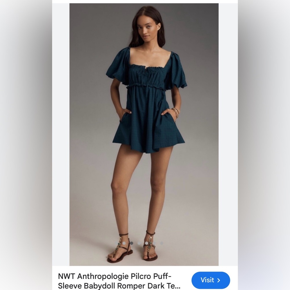 Anthropologie Pilcro Teal Puff-Sleeve Babydoll Romper